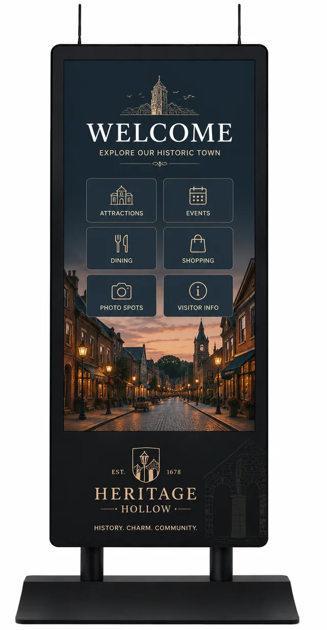 Black-colorway AirX kiosk wrapped in a heritage-district livery with gold line work