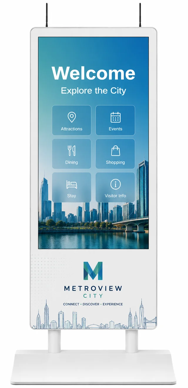 AirX kiosk wrapped in a modern city skyline livery in blues and greens