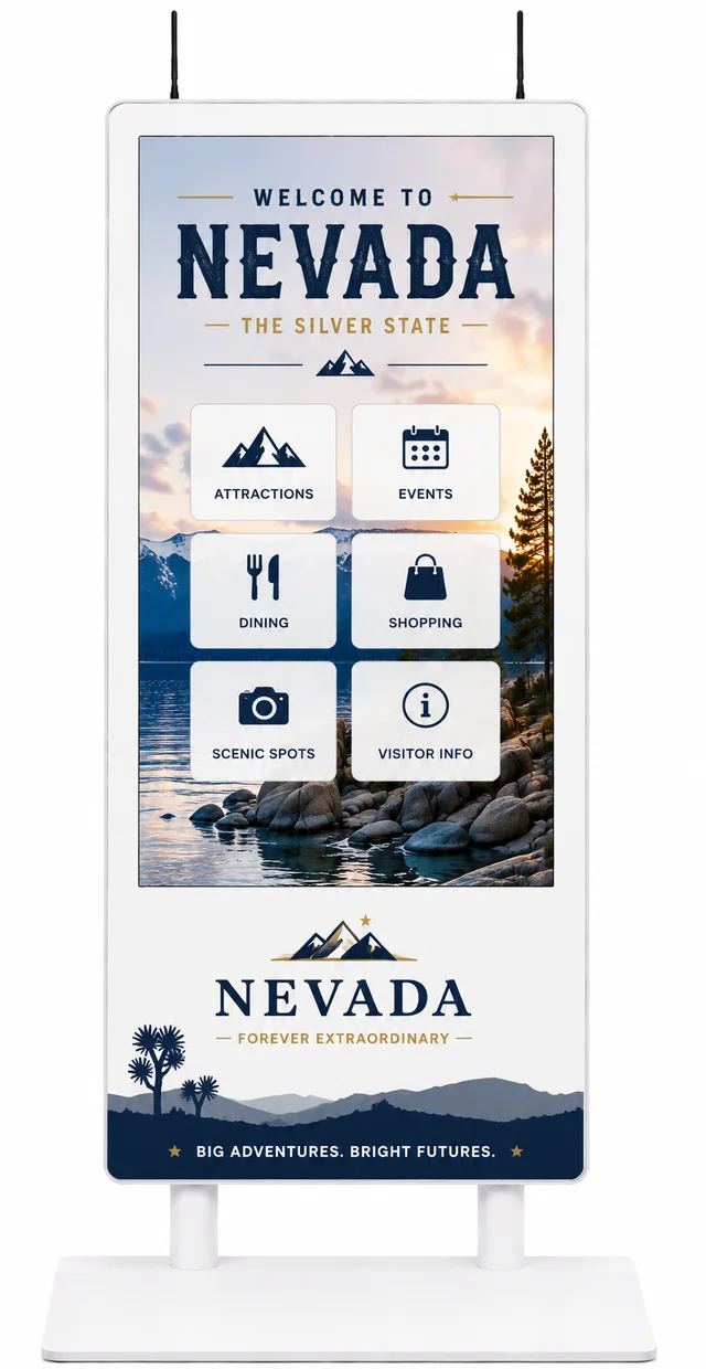 AirX kiosk wrapped in a navy and gold statewide tourism livery, Sierra shoreline imagery on screen