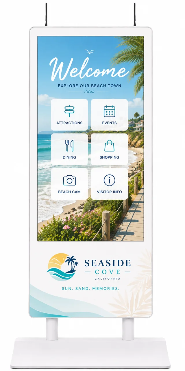AirX kiosk wrapped in a coastal beach-town livery with aqua waves and sand tones