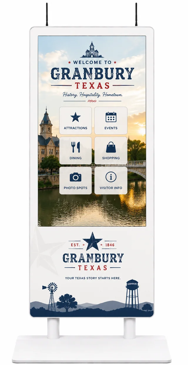 AirX kiosk wrapped in a historic Texas main-street livery with lone-star navy and red