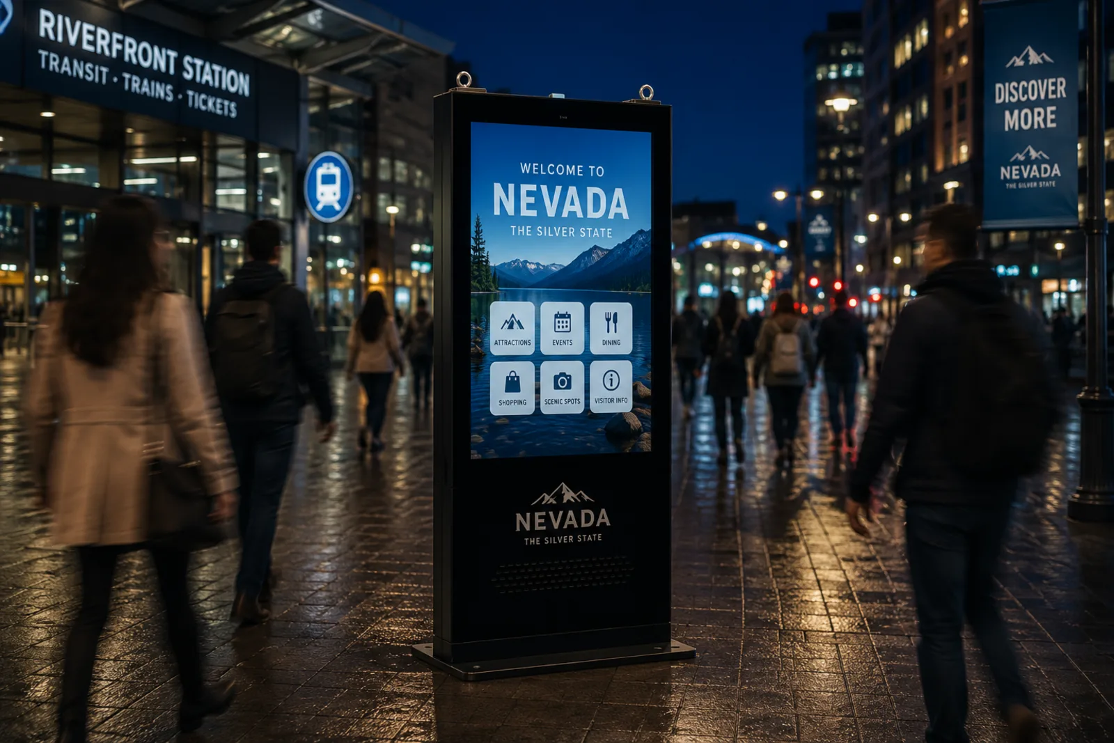 Black-colorway kiosk in a busy transit plaza at night, crowds passing on both sides