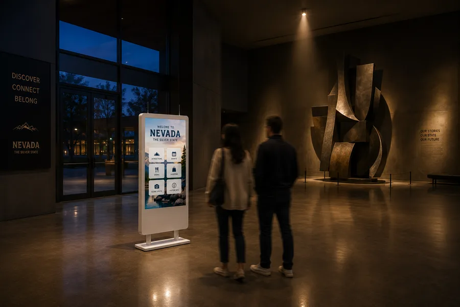 Couple at an AirX kiosk in a modern museum lobby after hours
