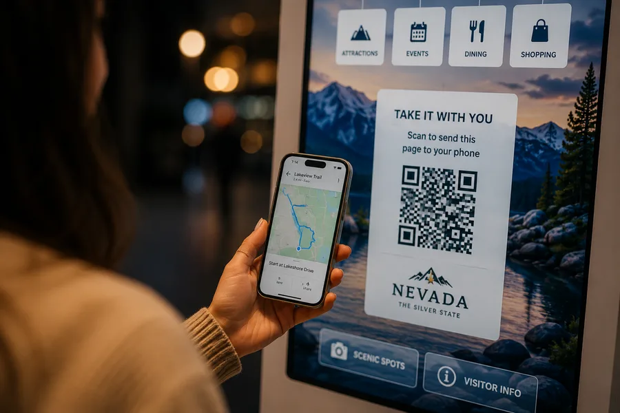 Visitor scanning a QR code from a kiosk screen, trail directions appearing on their phone
