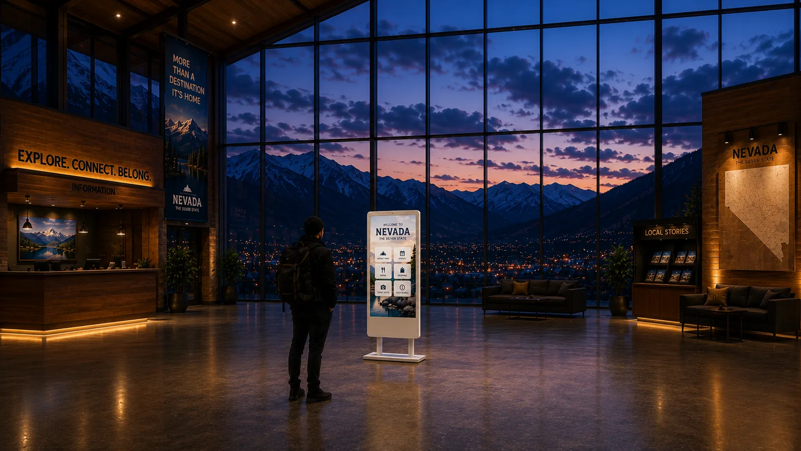 AirX kiosk glowing in a grand mountain welcome center at dusk, a traveler pausing in front of it