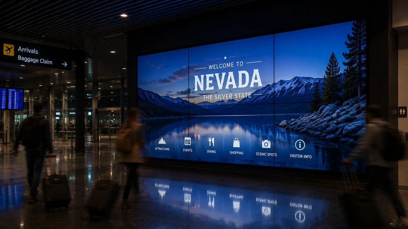 Destination welcome story on a large video wall in an airport arrivals hall at night