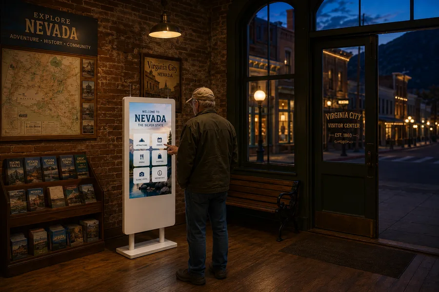 Visitor consulting an AirX kiosk in a historic-town visitor center at evening