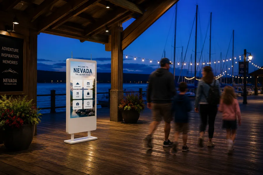 Family walking past an AirX kiosk on a waterfront boardwalk at blue hour